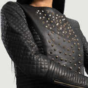 Women's Celeste Studded ブラック レザージャケット レディース - Lateral Side Profile View Showing Sleeve Cut &amp; Athletic Taper Fit