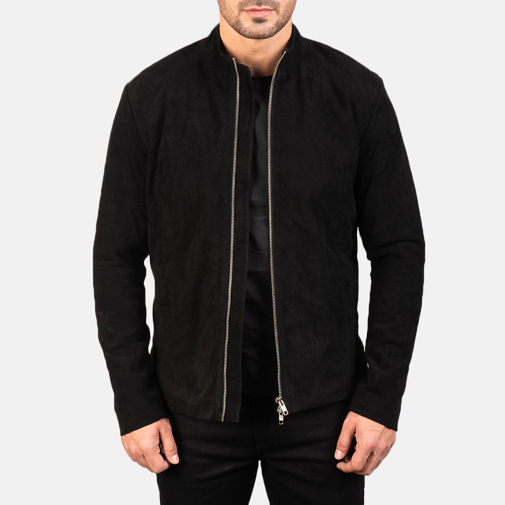 Men's Charcoal ブラック Suede レザーライダースジャケット メンズ in Black Goatskin Suede - Front Profile View &amp; Tailored Silhouette | Buy Online