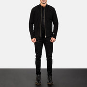 Men's Charcoal ブラック Suede レザーライダースジャケット メンズ - Lateral Side Profile View Showing Sleeve Cut &amp; Athletic Taper Fit