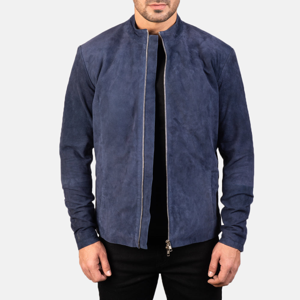 Men's Charcoal Navy ブルー Suede レザーライダースジャケット メンズ in Navy Blue Goatskin Suede - Front Profile View &amp; Tailored Silhouette | Buy Online