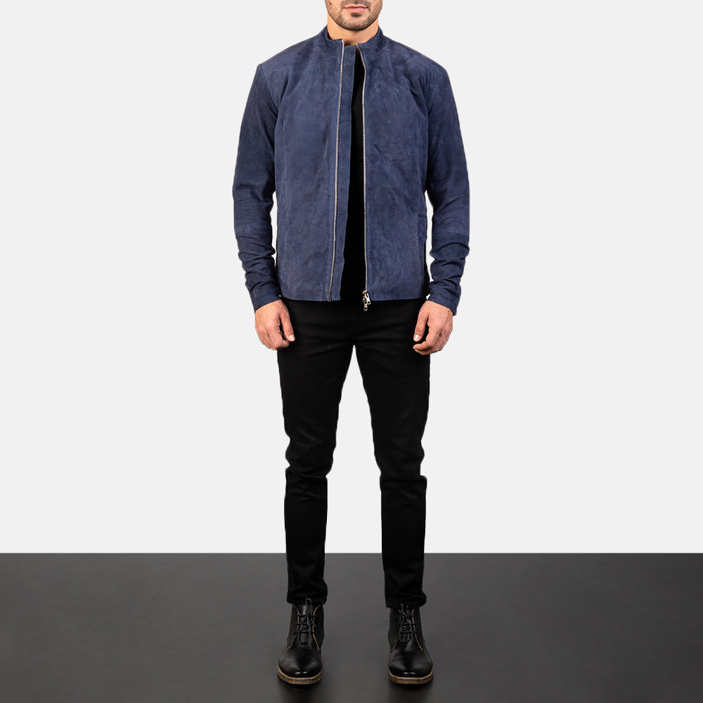 Men's Charcoal Navy ブルー Suede レザーライダースジャケット メンズ - Lateral Side Profile View Showing Sleeve Cut &amp; Athletic Taper Fit