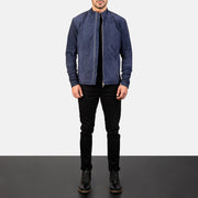 Men's Charcoal Navy ブルー Suede レザーライダースジャケット メンズ - Lateral Side Profile View Showing Sleeve Cut &amp; Athletic Taper Fit