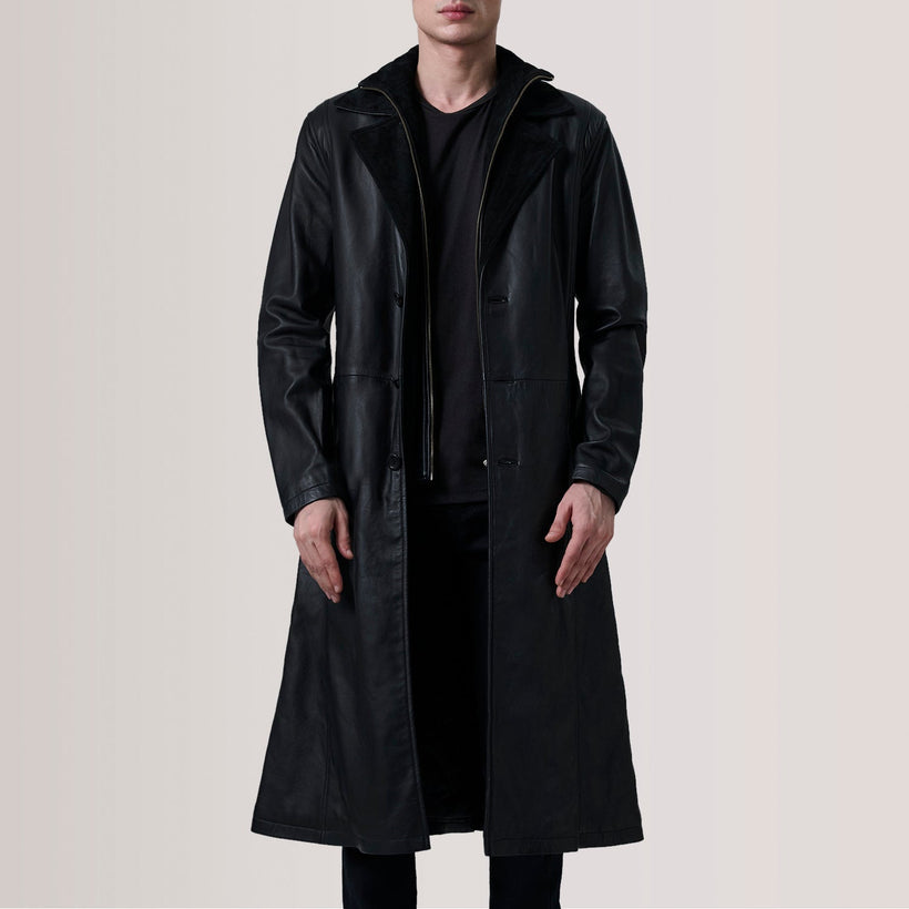 Charlton ブラック Leather Single Breasted レザーコート メンズ