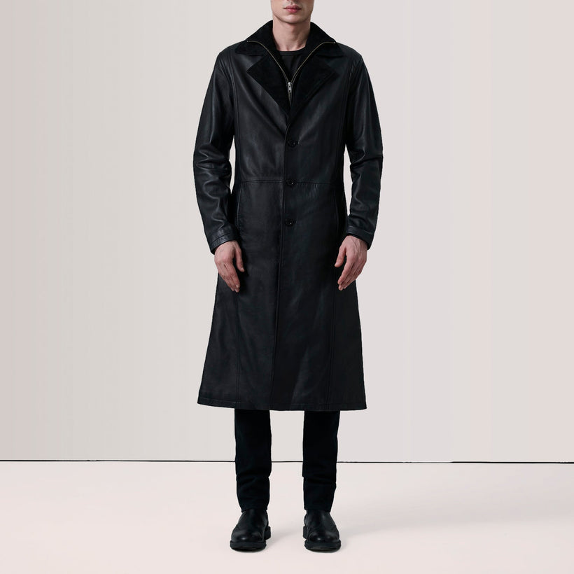 Charlton ブラック Leather Single Breasted レザーコート メンズ