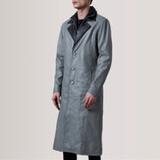 Charlton Grey Leather Single Breasted レザーコート メンズ For Men - Lateral Side Profile View Showing Sleeve Cut &amp; Athletic Taper Fit