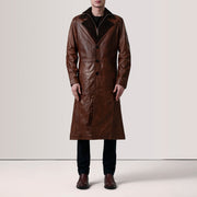 
Distressed Brown Sheepskin Burnished Leather Coat - 美しい肩のラインと裾の仕立てが際立つ背面ビュー