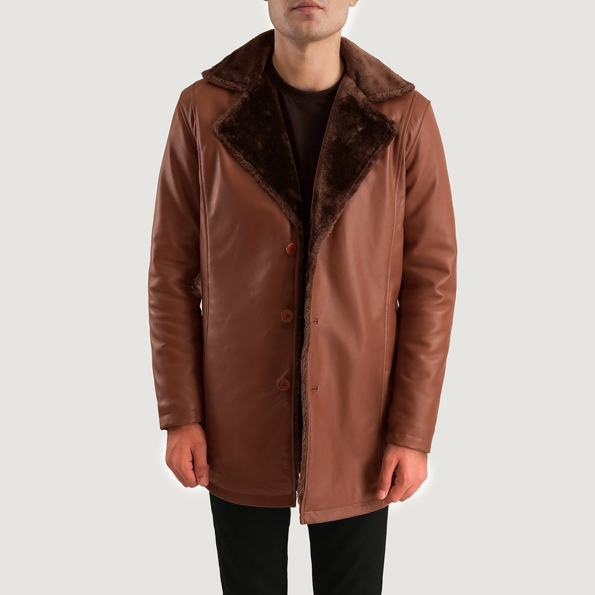 
クローズアップ詳細 of Shirt & Button Hardware on シナモン ブラウン Leather Fur レザーコート メンズ