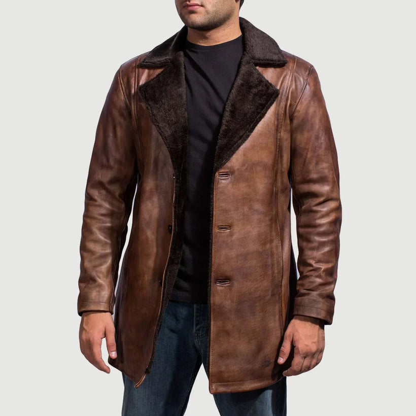 Cinnamon Distressed Leather Fur レザーコート メンズ