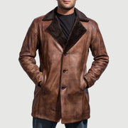 Men's Cinnamon Distressed Leather Fur レザーコート メンズ - Lateral Side Profile View Showing Sleeve Cut &amp; Athletic Taper Fit