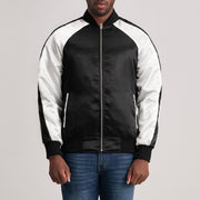 Clarke ブラック Varsity レザージャケット メンズ in Black &amp; White Satin - Front Profile View &amp; Tailored Silhouette | Buy Online