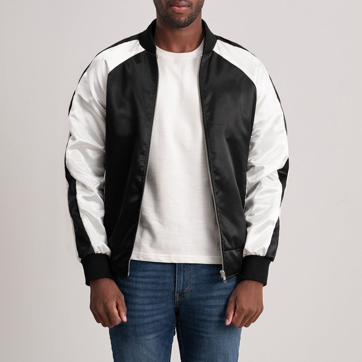 Clarke ブラック Varsity レザージャケット メンズ - Lateral Side Profile View Showing Sleeve Cut &amp; Athletic Taper Fit