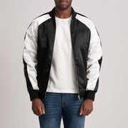 Clarke ブラック Varsity レザージャケット メンズ - Lateral Side Profile View Showing Sleeve Cut &amp; Athletic Taper Fit
