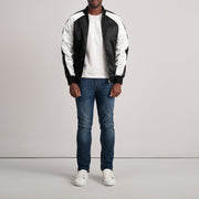Close-Up Detail of Varsity &amp; Zipper Hardware on Clarke ブラック Varsity レザージャケット メンズ