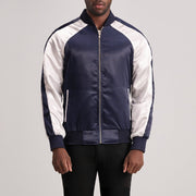 Clarke ブルー Varsity レザージャケット メンズ in Blue &amp; White Satin - Front Profile View &amp; Tailored Silhouette | Buy Online