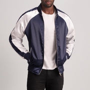 Clarke ブルー Varsity レザージャケット メンズ - Lateral Side Profile View Showing Sleeve Cut &amp; Athletic Taper Fit