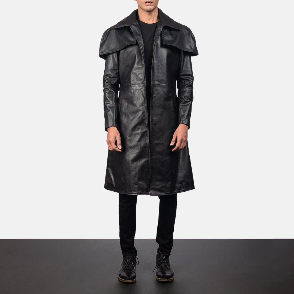 Men's Classic ブラック Leather Duster メンズ in Black Cowhide Leather - Front Profile View &amp; Tailored Silhouette | Buy Online