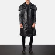 Men's Classic ブラック Leather Duster メンズ in Black Cowhide Leather - Front Profile View &amp; Tailored Silhouette | Buy Online