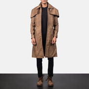 Men's Classic ブラウン Leather Duster メンズ in Distressed Brown Sheepskin Snuffed - Front Profile View &amp; Tailored Silhouette | Buy Online