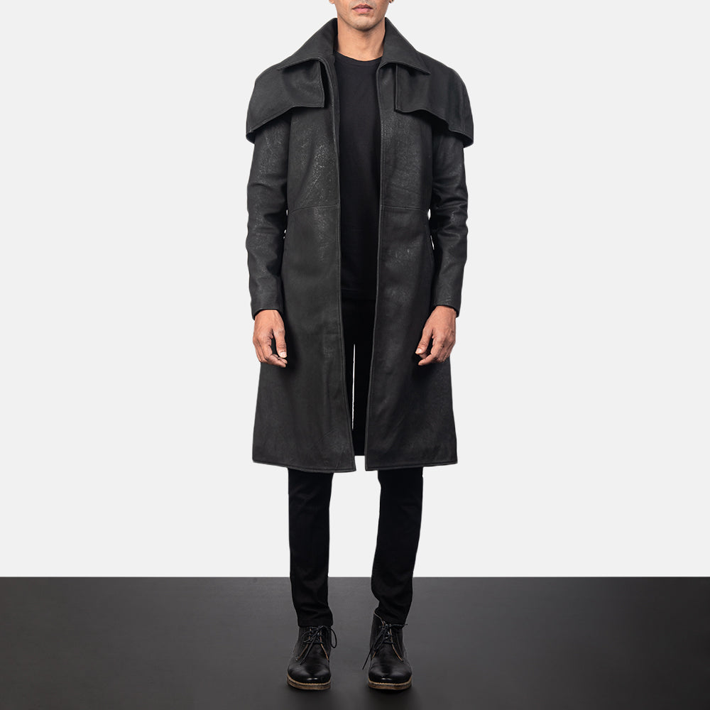 Men's Classic Distressed ブラック Leather Duster メンズ in Distressed Black Sheepskin Snuffed - Front Profile View &amp; Tailored Silhouette | Buy Online