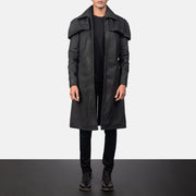 Men's Classic Distressed ブラック Leather Duster メンズ in Distressed Black Sheepskin Snuffed - Front Profile View &amp; Tailored Silhouette | Buy Online