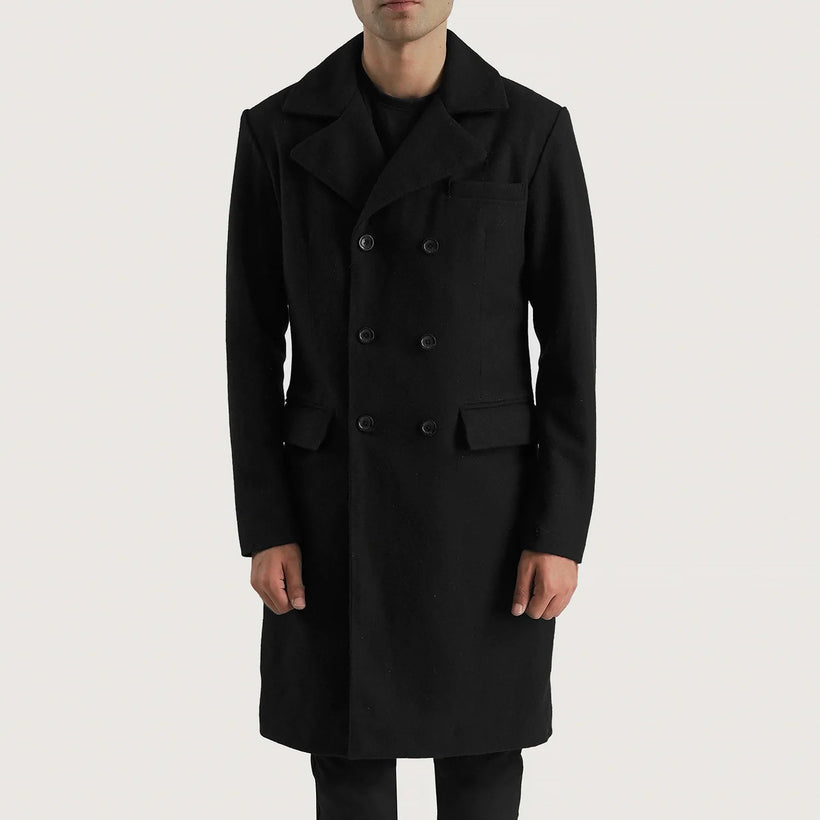Claud ブラック Wool Double-Breasted レザーコート メンズ