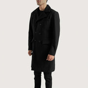 Black Synthetic Wool Trench Coat - Back View Showing Tailored Shoulder Fit &amp; Clean Hemline