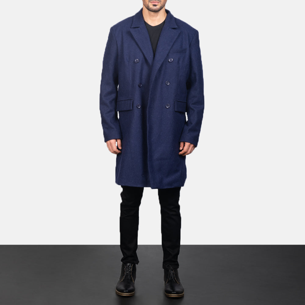 Blue Wool Double Breasted Coat in Navy Blue Synthetic Wool - 正面スタイル＆テーラードシルエット | 公式オンライン通販