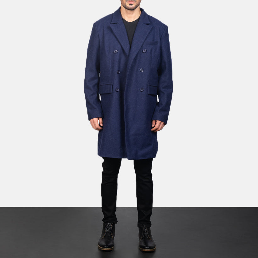 Claud ブルー Wool Double-Breasted レザーコート メンズ
