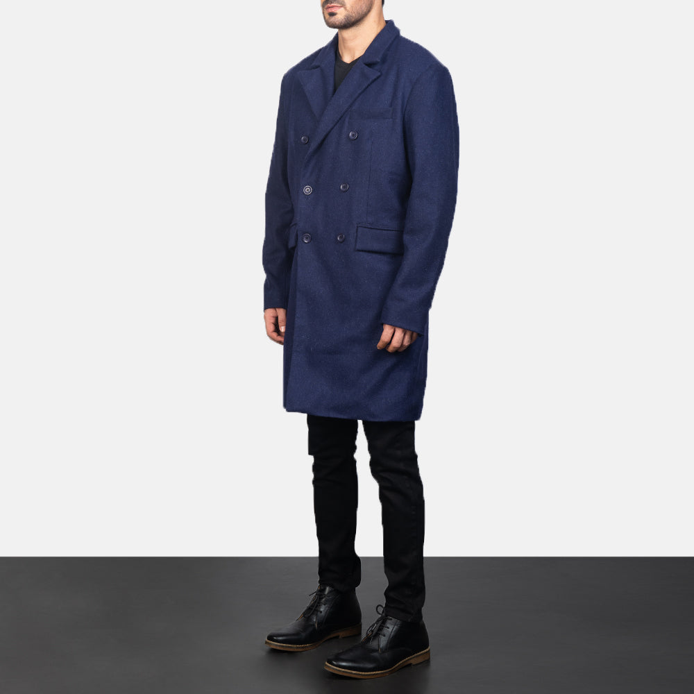 Navy Blue Synthetic Wool Trench Coat - 美しい肩のラインと裾の仕立てが際立つ背面ビュー