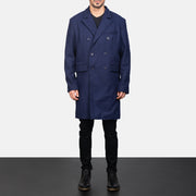 Blue Wool Double Breasted Coat - 袖の立体カッティングと洗練されたテーパードフィットを見せる側面ビュー