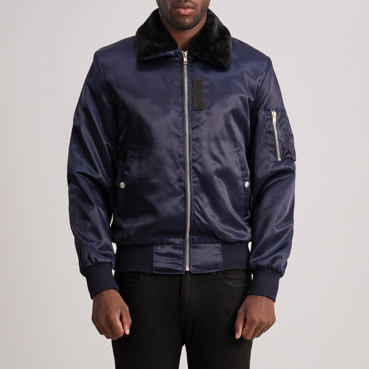 Clyde B-15 ブルー レザーボンバージャケット メンズ in Blue Satin - Front Profile View &amp; Tailored Silhouette | Buy Online