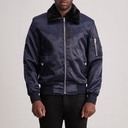 Clyde B-15 ブルー レザーボンバージャケット メンズ in Blue Satin - Front Profile View &amp; Tailored Silhouette | Buy Online