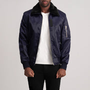 Clyde B-15 ブルー レザーボンバージャケット メンズ - Lateral Side Profile View Showing Sleeve Cut &amp; Athletic Taper Fit