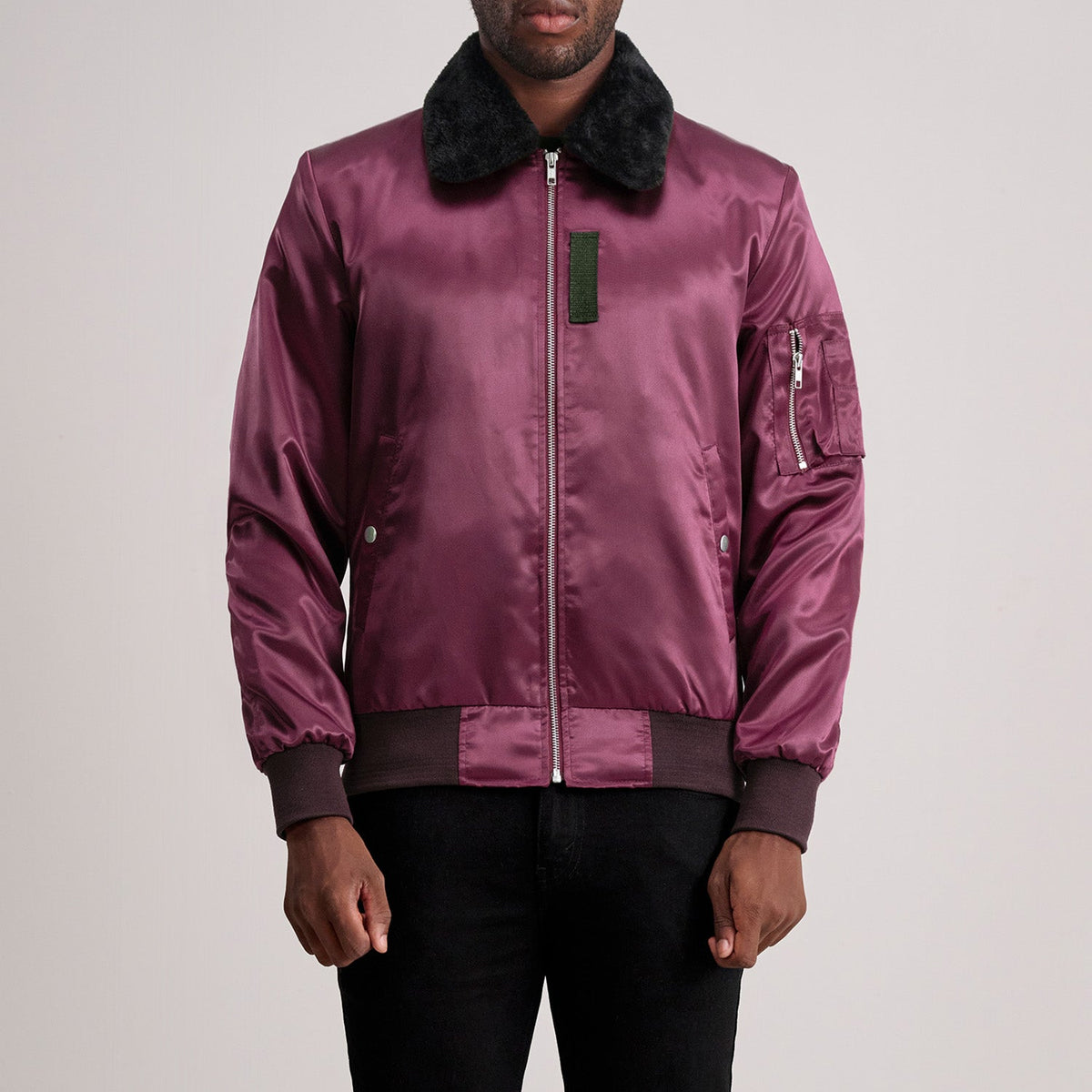 Clyde B-15 マルーン レザーボンバージャケット メンズ in Maroon Satin - Front Profile View &amp; Tailored Silhouette | Buy Online