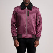Clyde B-15 マルーン レザーボンバージャケット メンズ in Maroon Satin - Front Profile View &amp; Tailored Silhouette | Buy Online
