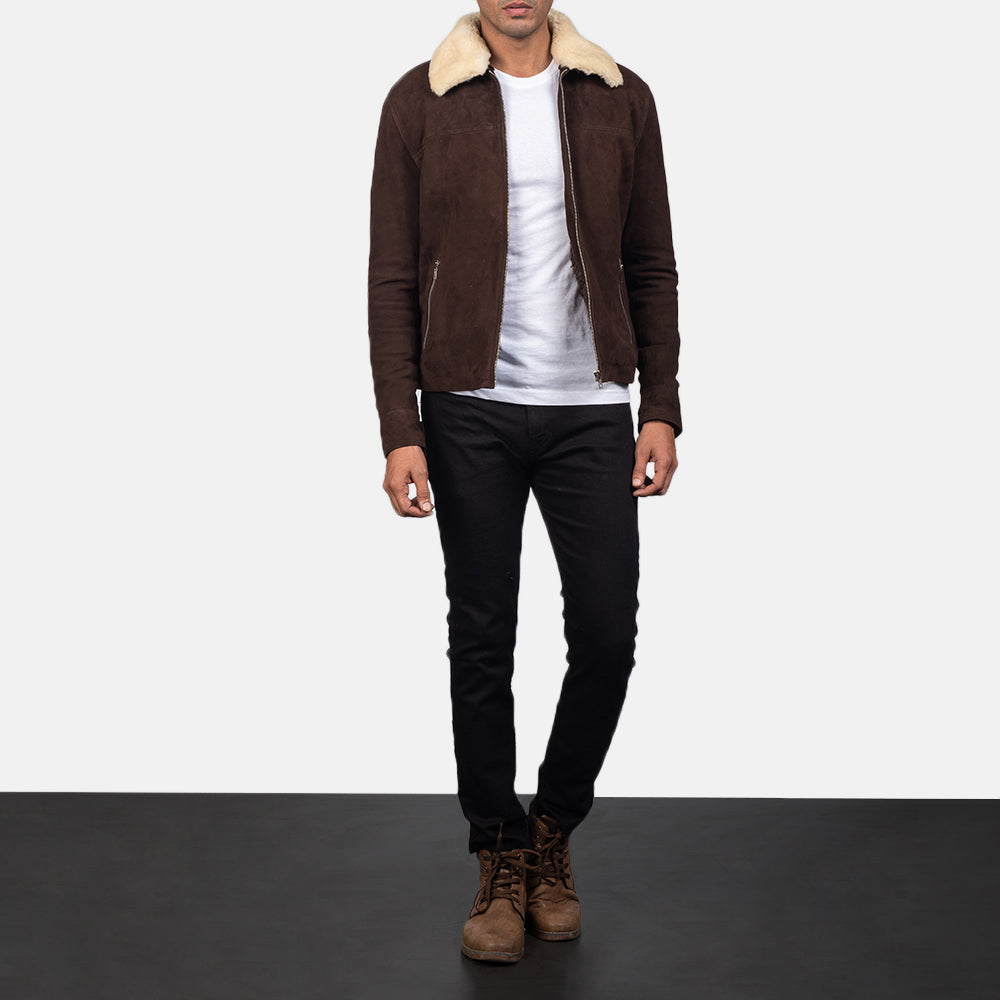 Men's Coffner ブラウン Shearling Fur レザージャケット メンズ - Lateral Side Profile View Showing Sleeve Cut &amp; Athletic Taper Fit
