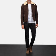 Men's Coffner ブラウン Shearling Fur レザージャケット メンズ - Lateral Side Profile View Showing Sleeve Cut &amp; Athletic Taper Fit