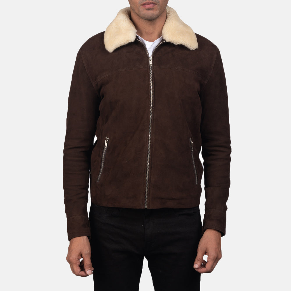 Close-Up Detail of Shirt with Removable Fur Collar &amp; Zipper Hardware on Men's Coffner ブラウン Shearling Fur レザージャケット メンズ