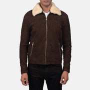Close-Up Detail of Shirt with Removable Fur Collar &amp; Zipper Hardware on Men's Coffner ブラウン Shearling Fur レザージャケット メンズ