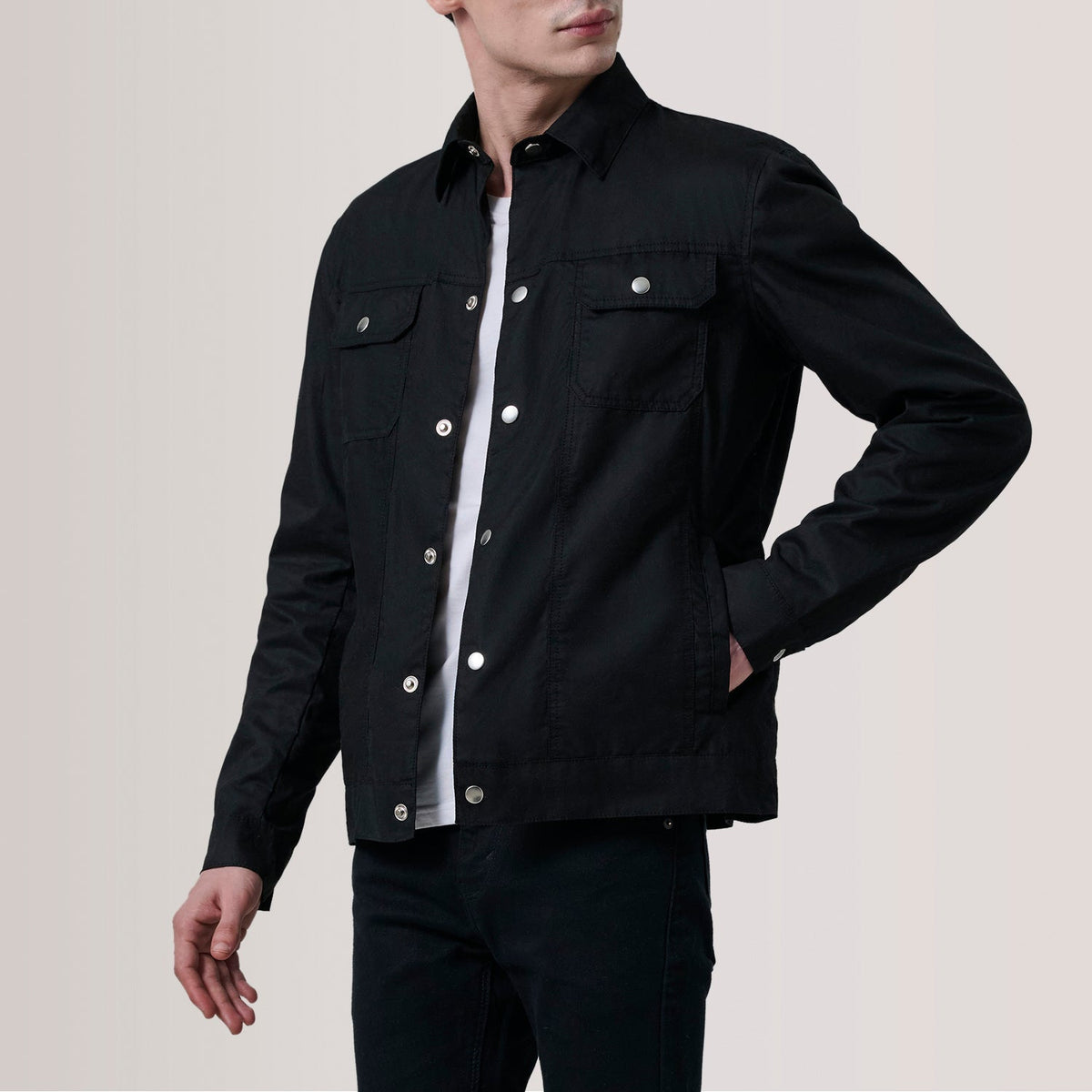 Colberto ブラック Waxed Canvas Trucker レザージャケット メンズ For Men - Lateral Side Profile View Showing Sleeve Cut &amp; Athletic Taper Fit