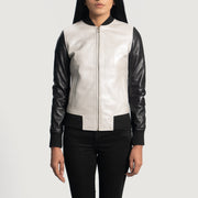 Women's Cole Silver レザーボンバージャケット レディース in Silver &amp; Black Sheepskin Leather - Front Profile View &amp; Tailored Silhouette | Buy Online