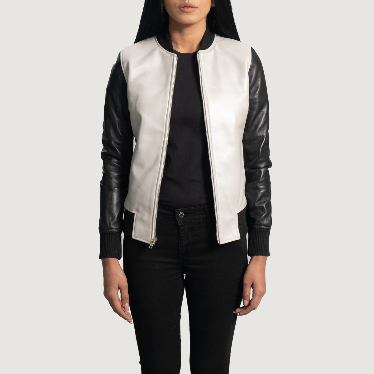 Women's Cole Silver レザーボンバージャケット レディース - Lateral Side Profile View Showing Sleeve Cut &amp; Athletic Taper Fit