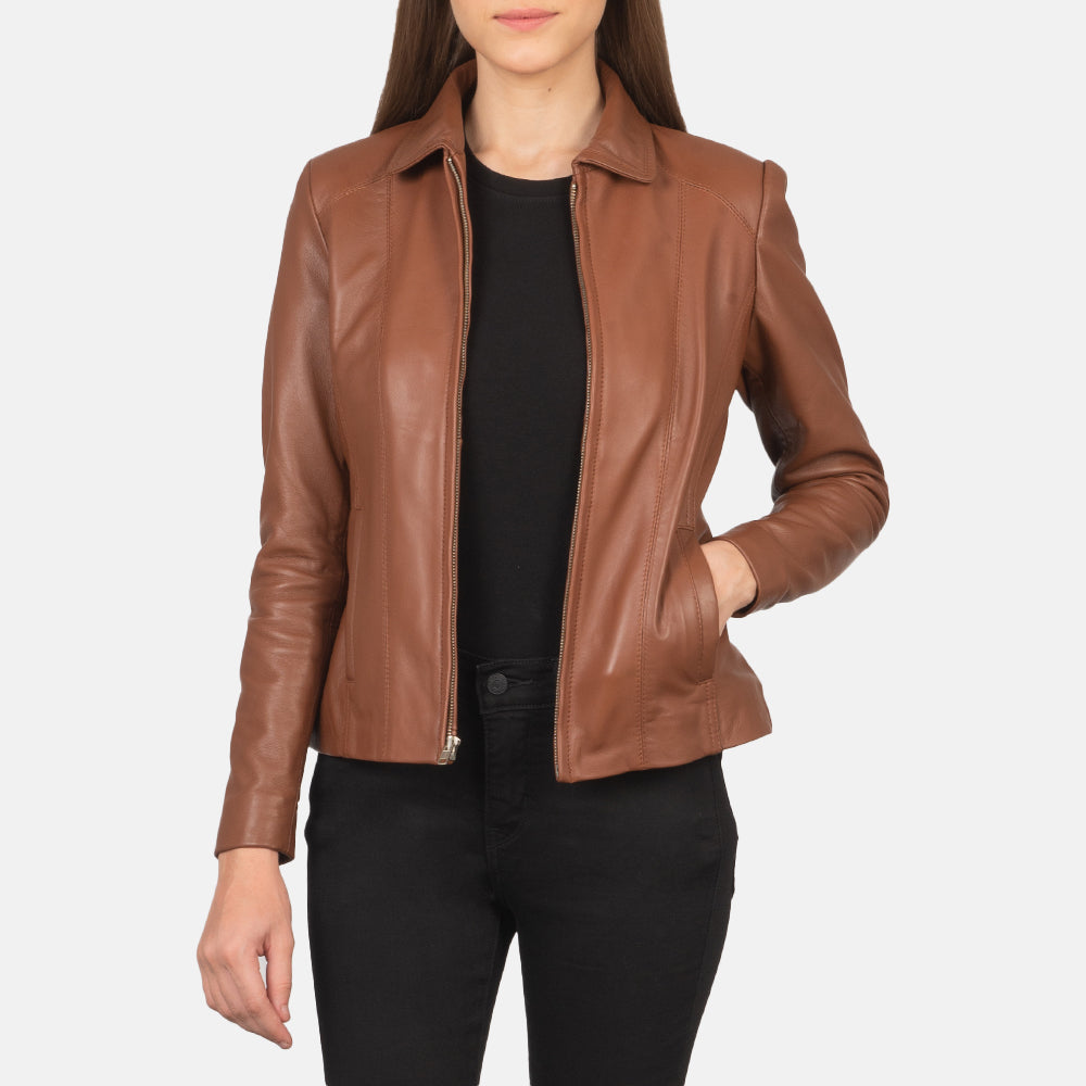 Women Colette ブラウン レザージャケット レディース in Brown Sheepskin Leather - Front Profile View &amp; Tailored Silhouette | Buy Online