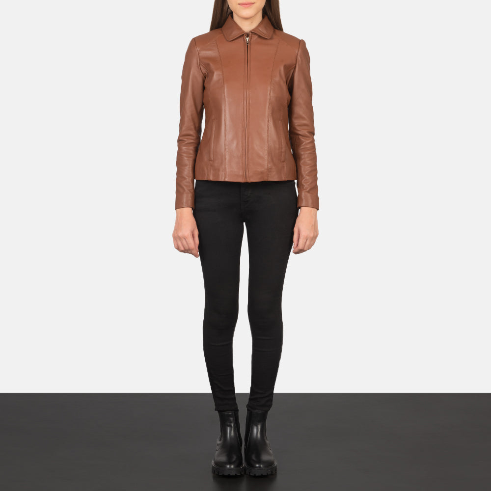 Women Colette ブラウン レザージャケット レディース - Lateral Side Profile View Showing Sleeve Cut &amp; Athletic Taper Fit