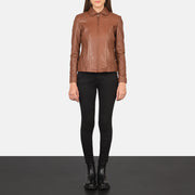 Women Colette ブラウン レザージャケット レディース - Lateral Side Profile View Showing Sleeve Cut &amp; Athletic Taper Fit
