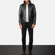 Close-Up Detail of High-neck Buttoned &amp; Button Hardware on Norman Black Hooded Bomber Leather Puffer Jacket