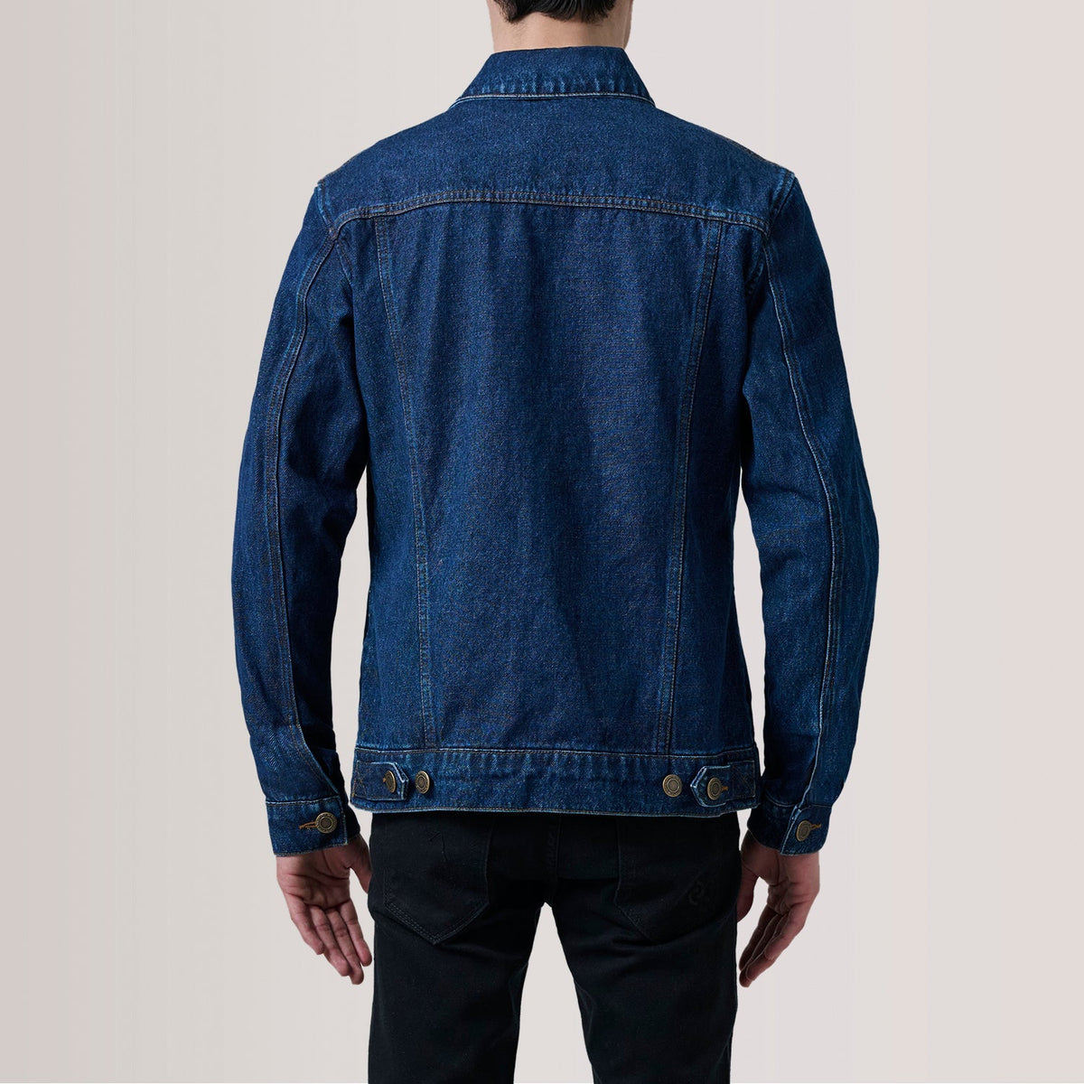 
クローズアップ詳細 of Classic Collar & Heavy-Duty Zipper Hardware on Conard Dark ブルー Denim Trucker レザージャケット メンズ For Men