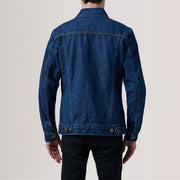 
クローズアップ詳細 of Classic Collar & Heavy-Duty Zipper Hardware on Conard Dark ブルー Denim Trucker レザージャケット メンズ For Men