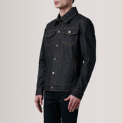 
Conard Faded ブラック Denim Trucker レザージャケット メンズ For Men - 袖の立体カッティングと洗練されたテーパードフィットを見せる側面ビュー