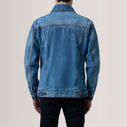 Close-Up Detail of Classic Collar &amp; Heavy-Duty Zipper Hardware on Conard Ice ブルー Denim Trucker レザージャケット メンズ For Men